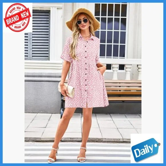 Summer Babydoll Dress Short Sleeve Button Down with Pockets Casual Sundress - Picture 6 of 7